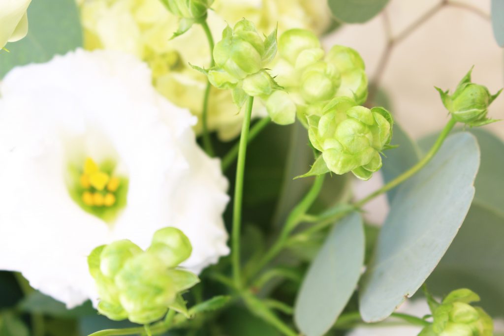 めずらしい形のバラ エクレール がかわいい 白グリーン系の爽やかアレンジ 大阪の花屋なら堂島花壇